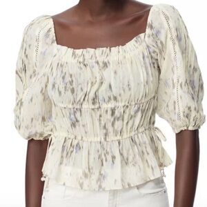 SAM EDELMAN Puff sleeve boho blouse yellow cotton lightweight side ties pearls M